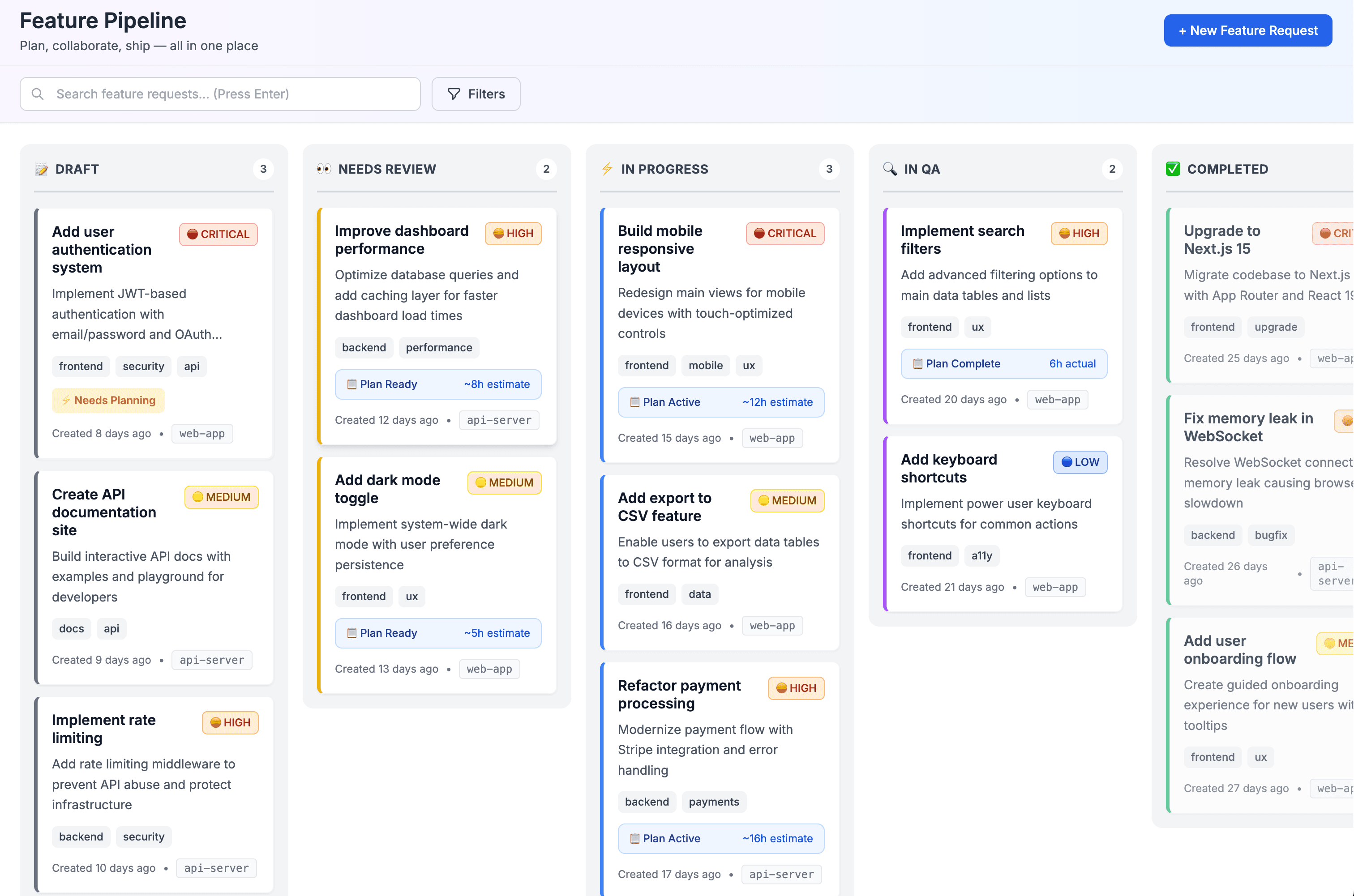 Coplanar Feature Pipeline - Kanban board with AI-powered implementation plans
